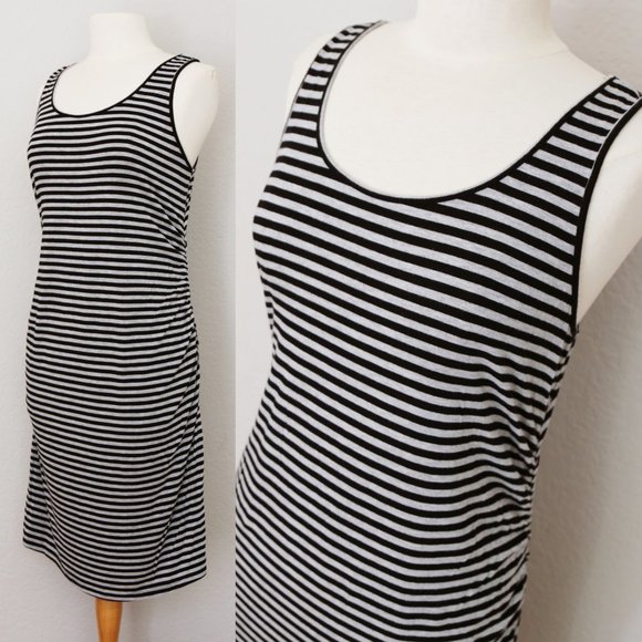 Liz Lange Maternity Gray Black Striped Ruched Gathered Sleeveless Midi Dress S - Picture 2 of 9